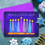Hanukkah Blue Boho Pattern Candle Peace Love Light Holiday Card<br><div class="desc">“Peace, love & light.” A playful, modern, artsy illustration of boho pattern candles in a menorah helps you usher in the holiday of Hanukkah. Assorted blue candles with colorful faux foil patterns overlay a rich, deep blue textured background. Faux hot pink purple pattern foil on a cornflower blue background for...</div>