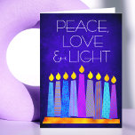 Hanukkah Blue Boho Pattern Candle Peace Love Light Holiday Card<br><div class="desc">“Peace, love & light.” A playful, modern, artsy illustration of boho pattern candles in a menorah helps you usher in the holiday of Hanukkah. Assorted blue candles with colorful faux foil patterns overlay a rich, deep blue textured background. Feel the warmth and joy of the holiday season whenever you send...</div>