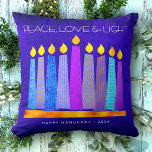 Hanukkah Blue Boho Pattern Candle Peace Love Light Throw Pillow<br><div class="desc">“Peace, love & light.” A playful, modern, artsy illustration of boho pattern candles in a menorah helps you usher in the holiday of Hanukkah. Assorted blue candles with colorful faux foil patterns overlay a rich, deep blue textured background. Faux hot pink purple pattern foil on a cornflower blue background for...</div>