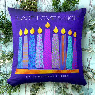 Hanukkah Blue Boho Pattern Candle Peace Love Light Throw Pillow