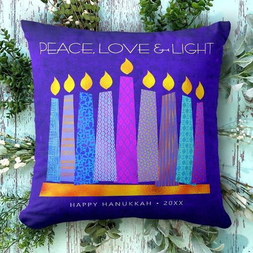 Hanukkah Blue Boho Pattern Candle Peace Love Light Throw Pillow