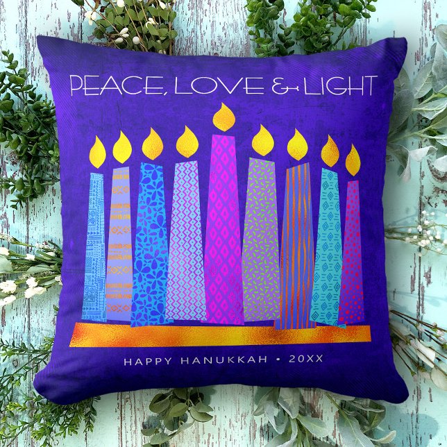 Hanukkah Blue Boho Pattern Candle Peace Love Light Throw Pillow (Creator Uploaded)