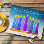 Hanukkah Blue Candles Turquoise Peace Love Light Jigsaw Puzzle<br><div class="desc">“Peace, love & light.” A playful, modern, artsy illustration of boho pattern candles in a menorah helps you usher in the holiday of Hanukkah. Assorted blue candles with colorful faux foil patterns overlay a turquoise gradient to white textured background. Feel the warmth and joy of the holiday season whenever you...</div>