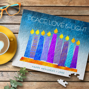 Hanukkah Blue Candles Turquoise Peace Love Light Jigsaw Puzzle