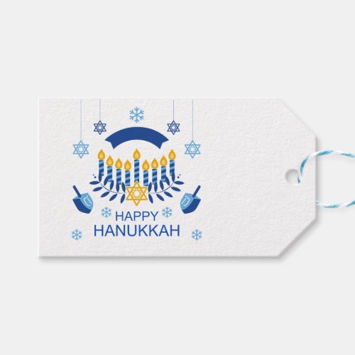 Hanukkah Blue Gold Menorah Dreidel Snowflakes Gift Tags