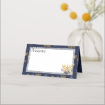 Hanukkah Blue & Gold Menorah Pattern Navy Blue Place Card<br><div class="desc">This watercolor Hanukkah design with menorah and Star of David pattern is set on a navy blue background,  which may be changed using the customize option. It includes a "Welcome" message on the front and "Thank You" message on the back,  both of which may also be personalized.</div>