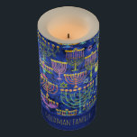 Hanukkah Blue Gold Menorah Star of David Name Flameless Candle<br><div class="desc">This custom Hanukkah flameless candle features a chic pattern of gold,  green and purple menorah and gold Star of David on a blue background with your family name in faux gold to personalize. Light up your home in style! Designed by world renowned artist ©Tim Coffey.</div>