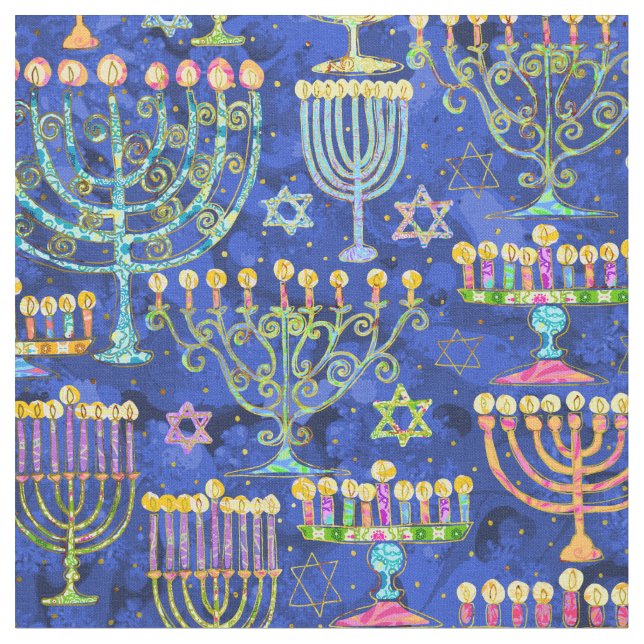 Hanukkah Blue Gold Menorah Star of David Pattern Fabric (Close Up)