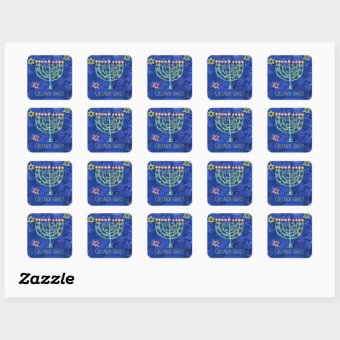 Hanukkah Blue Gold Menorah Star Of David Pattern Square Sticker | Zazzle