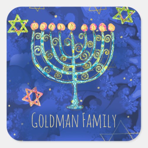 Hanukkah Blue Gold Menorah Star of David Pattern Square Sticker