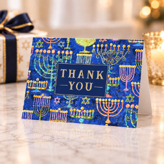 Hanukkah Blue Gold Menorah Star of David Thank You Card