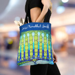 Hanukkah Blue Green Menorah Custom Name Trendy Tote Bag<br><div class="desc">A close-up photo of a bright, colorful, blue and green artsy menorah photo helps you usher in the holiday of Hanukkah in style. Feel the warmth and joy of the holiday season whenever you use this stunning, colorful Hanukkah personalized name tote bag. Matching cards, stickers, serving trays, and other products...</div>