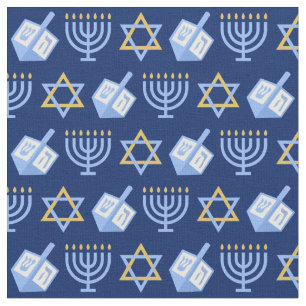 Hanukkah Blue Menorah Dreidel Pattern Chanukah Fabric