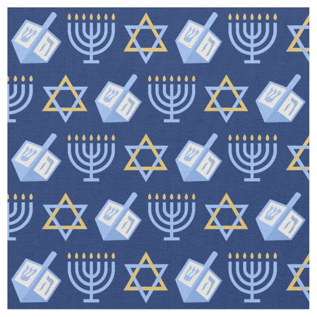 Hanukkah Blue Menorah Dreidel Pattern Chanukah Fabric (Close Up)
