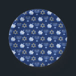 Hanukkah Blue Menorah Dreidel Pattern Chanukah Paper Plates<br><div class="desc">Beautiful Hanukkah party plates in pretty blue with a cool pattern of Judaism star,  dreidel for fun Chanukah games,  and the Jewish menorah for the holiday.</div>