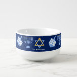 Hanukkah Blue Menorah Dreidel Pattern Chanukah Soup Mug<br><div class="desc">Beautiful Hanukkah soup bowl in pretty blue with a cool pattern of Judaism star,  dreidel for fun Chanukah games,  and the Jewish menorah for the holiday.</div>