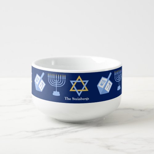 Hanukkah Blue Menorah Dreidel Pattern Chanukah Soup Mug