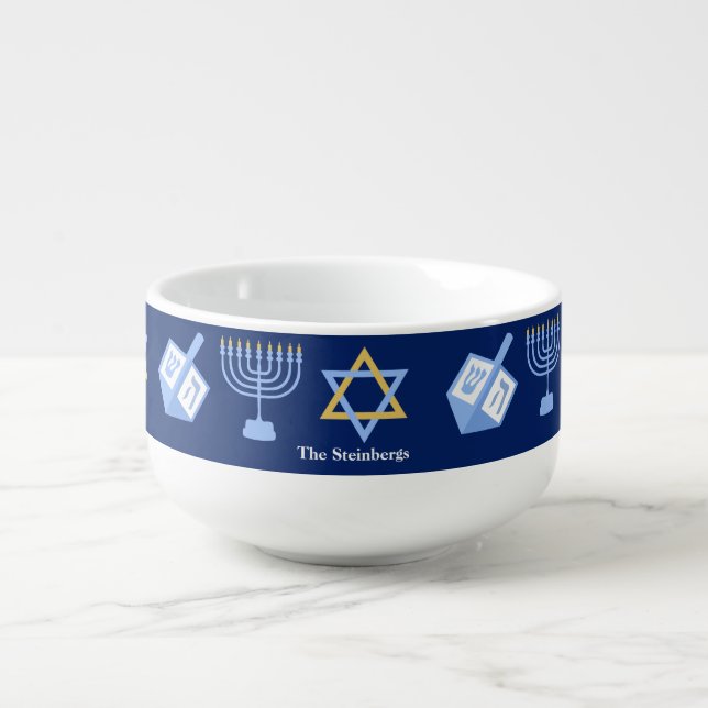 Hanukkah Blue Menorah Dreidel Pattern Chanukah Soup Mug (Front)