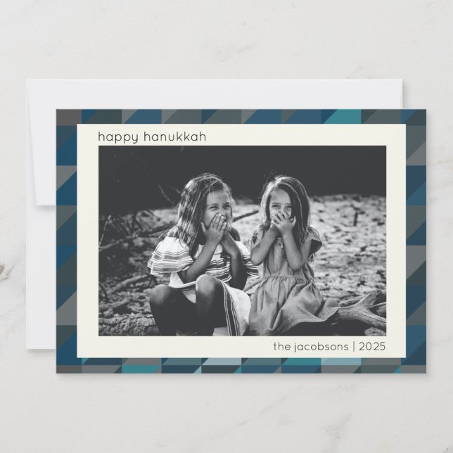 Hanukkah Blue Ombre Modern Geometric Pattern Holiday Card (Front)