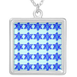 Hanukkah Blue Paint Splatter Jewish Stars Silver Plated Necklace