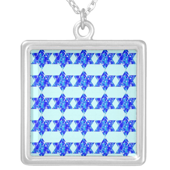 Hanukkah Blue Paint Splatter Jewish Stars Silver Plated Necklace (Front)