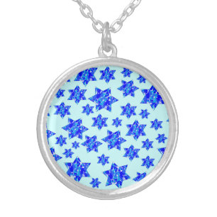 Hanukkah Blue Paint Splatter Jewish Stars Silver Plated Necklace