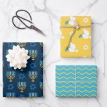 Hanukkah Blue Star of David Menorah Dove Chevron Wrapping Paper Sheets<br><div class="desc">These festive wrapping paper sheets feature gold menorah with blue candles and Star of David on a dark blue background,  white doves and Star of David on a yellow background,  and yellow chevron stripes on a blue background. The perfect coordinated set for your holiday wrapping.</div>