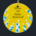 Hanukkah Blue/Yellow Candles Ornament<br><div class="desc">Hanukkah Blue/Yellow Candles Ornament.
Personalize each side by deleting existing text and adding your own with your favorite font style,  color and size. Happy Hanukkah! Thanks for shopping and stopping by!</div>