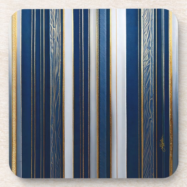Hanukkah Blues Stripes Blue White Gold Beverage Coaster (Front)