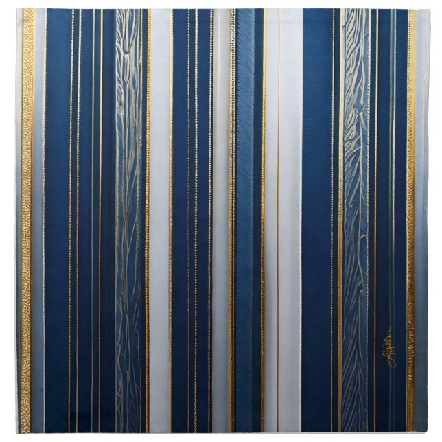 Hanukkah Blues Stripes Blue White Gold Cloth Napkin (Front)
