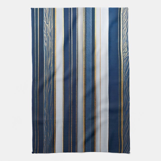 Hanukkah Blues Stripes Blue White Gold Kitchen Towel (Vertical)