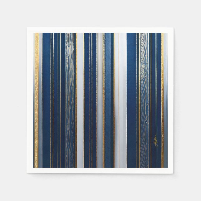 Hanukkah Blues Stripes Blue White Gold Napkins (Front)
