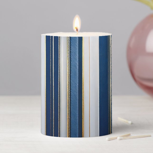 Hanukkah Blues Stripes Blue White Gold Pillar Candle (In Situ)