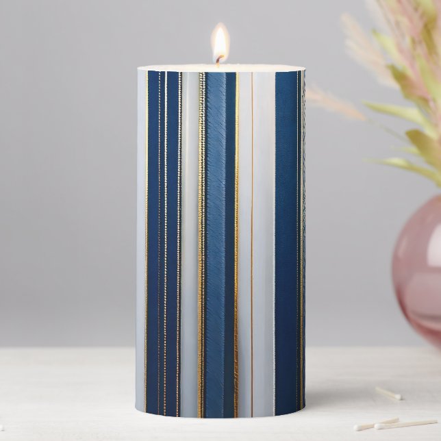 Hanukkah Blues Stripes Blue White Gold Pillar Candle (In Situ)