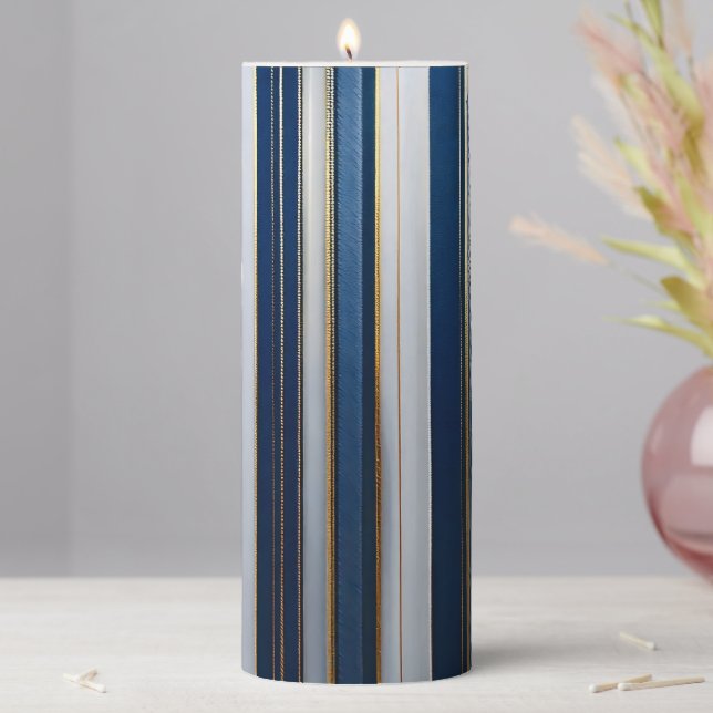 Hanukkah Blues Stripes Blue White Gold Pillar Candle (In Situ)