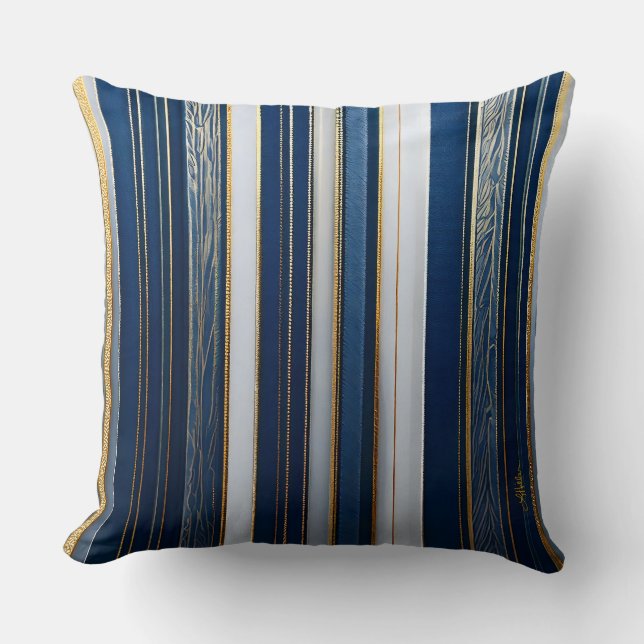 Hanukkah Blues Stripes Blue White Gold Throw Pillow (Front)