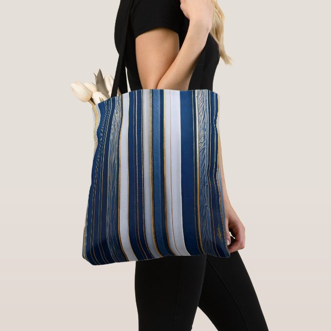 Hanukkah Blues Stripes Blue White Gold Tote Bag (Close Up)
