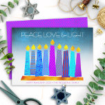 Hanukkah Boho Candles Peace Love Light Turquoise Holiday Card<br><div class="desc">“Peace, love & light.” A playful, modern, artsy illustration of boho pattern candles in a menorah helps you usher in the holiday of Hanukkah. Assorted blue candles with colorful faux foil patterns overlay a turquoise gradient to white textured background. Faux hot pink purple diamond pattern foil on a cornflower blue...</div>
