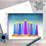 Hanukkah Boho Candles Turquoise Peace Love Light Holiday Postcard<br><div class="desc">“Peace, love & light.” A playful, modern, artsy illustration of boho pattern candles in a menorah helps you usher in the holiday of Hanukkah. Assorted blue candles with colorful faux foil patterns overlay a turquoise gradient to white textured background. On the back, type in your personal copy using the easy...</div>