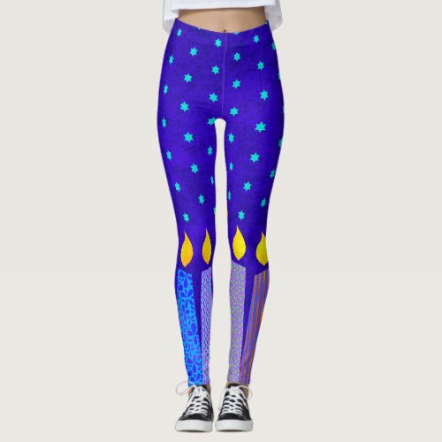 Hanukkah Boho Candles Turquoise Star of David Blue Leggings