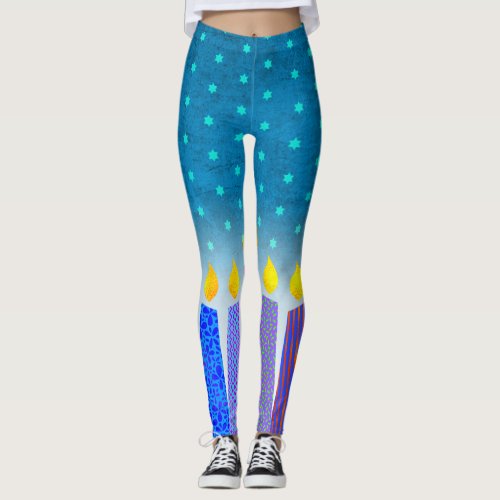 Hanukkah Boho Candles Turquoise Star of David Teal Leggings