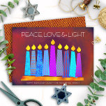 Hanukkah Boho Pattern Candles Peace Love Light Red Holiday Card<br><div class="desc">“Peace, love & light.” A playful, modern, artsy illustration of boho pattern candles in a menorah helps you usher in the holiday of Hanukkah. Assorted blue candles with colorful faux foil patterns overlay a rich deep brick red orange textured background. Faux copper diamond pattern foil on a brick red background...</div>