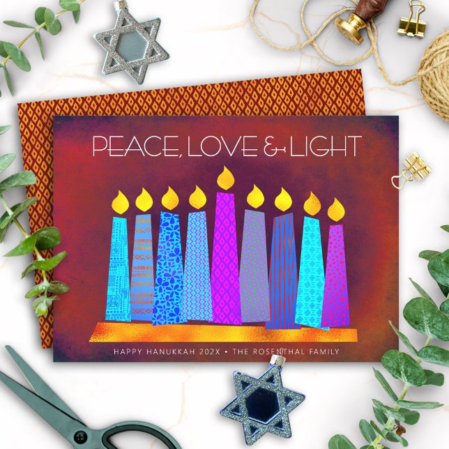 Hanukkah Boho Pattern Candles Peace Love Light Red Holiday Card (Creator Uploaded)