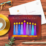 Hanukkah Boho Pattern Candles Red Peace Love Light Holiday Postcard<br><div class="desc">“Peace, love & light.” A playful, modern, artsy illustration of boho pattern candles in a menorah helps you usher in the holiday of Hanukkah. Assorted blue candles with colorful faux foil patterns overlay a rich deep brick red orange textured background. On the back, type in your personal copy using the...</div>