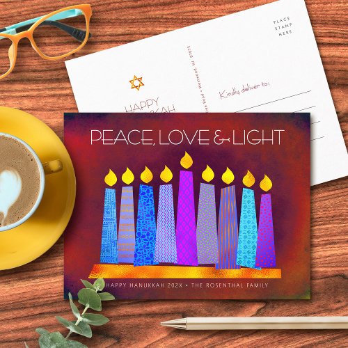 Hanukkah Boho Pattern Candles Red Peace Love Light Holiday Postcard