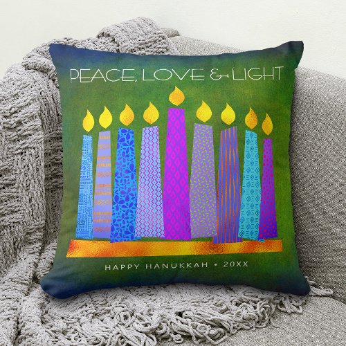 Hanukkah Bold Blue Candles Green Peace Love Light Throw Pillow