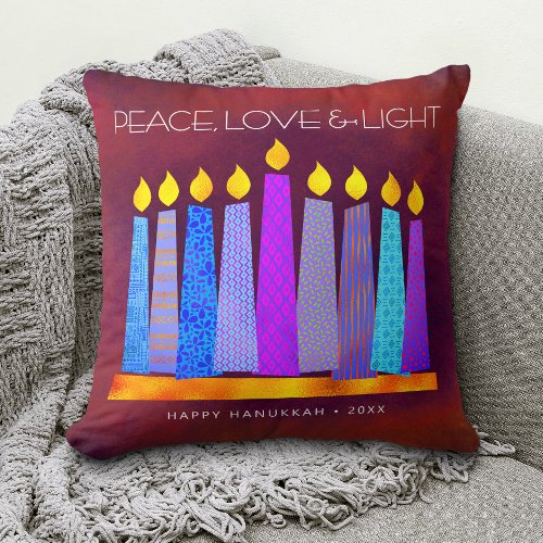 Hanukkah Bold Blue Candles on Red Peace Love Light Throw Pillow