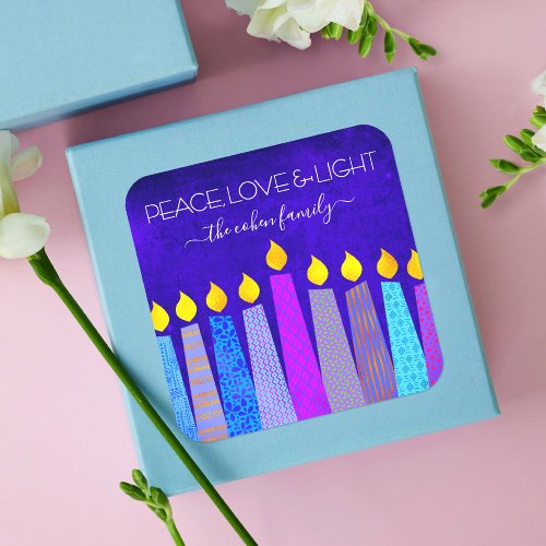 Hanukkah Bold Candles Blue Peace Love Light Name Square Sticker