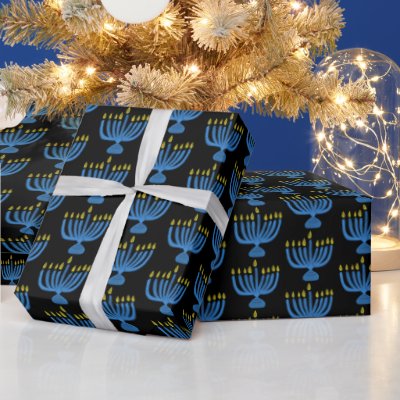 Hanukkah Botanical Menorah Watercolor Blue Wrapping Paper