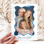 Hanukkah Bow | Wavy Blue and White Photo Frame Holiday Card<br><div class="desc">These adorable Hanukkah cards feature your favorite photo in a trendy,  blue wavy frame with a whimsical bow,  on a simple white background. Modern script says "Love and Light, " and there is room for a personal message on the back.</div>